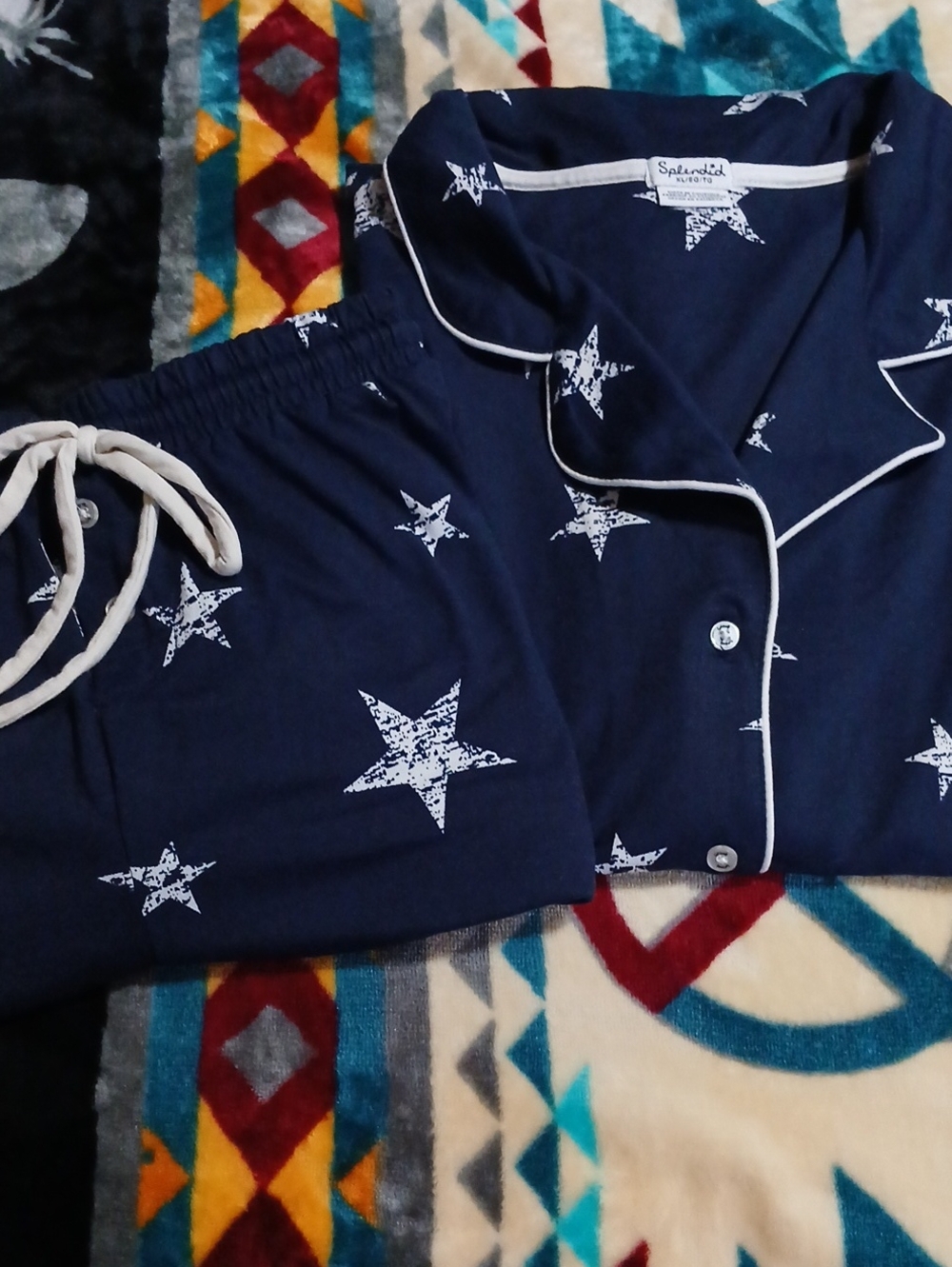 Splendid Navy Blue Star-Print Pajama Set with White Trim